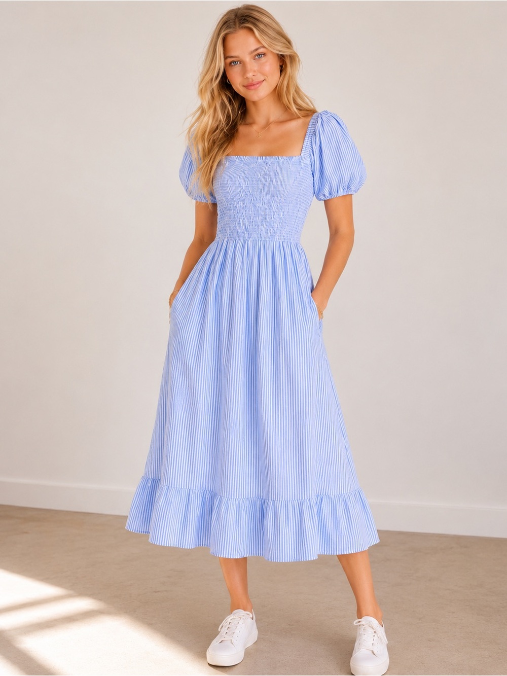 J.Crew Blue & White Stripe Short-Sleeve Smocked Dress - Picture 2 of 12